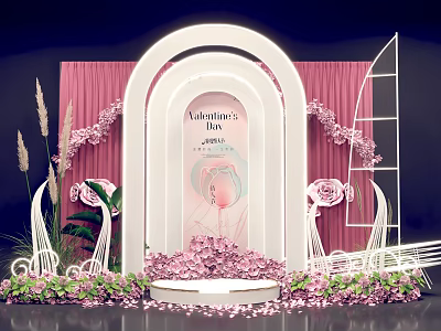 Romantic Valentine's Photo Check In Spot With Pink Arch Flowers And Decorations 3d model