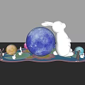 White Rabbit Sculpture With Blue Moon Sphere And Colorful Decorative Spheres