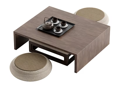Modern Wooden Tea Table and Woven Cushions with Tea Set in Simple Design 3d model