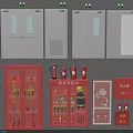 Fire Equipment Collection With Red Cabinets White Storage Units Fire Extinguishers And Tools 3d model