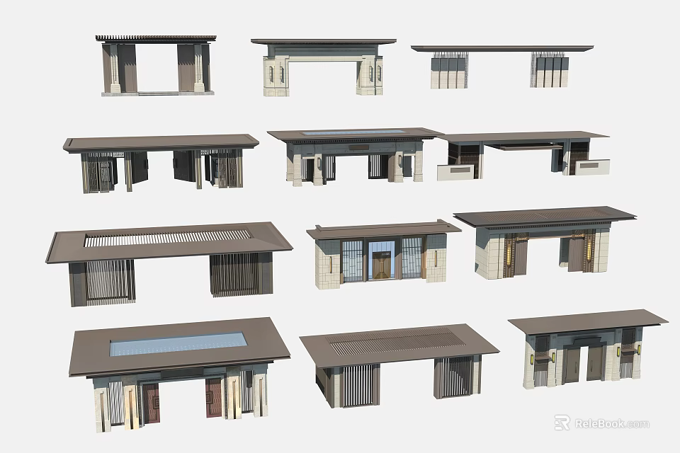 Modern Entrance Gate Designs Featuring Flat Roofs Slatted Panels And Stone Columns 3d model