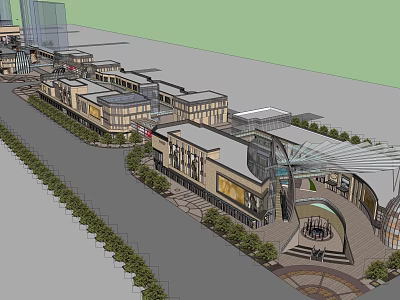 Modern Commercial Complex With Pedestrian Walkway Green Landscaping And Plaza Area 3d model