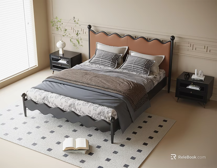 Double Bed With Scalloped Headboard Plaid Pillows Nightstands Potted Plant And Lattice Rug 3d model 