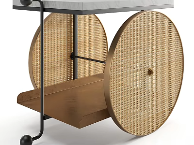 Stylish Wheeled Side Table With Woven Rattan Wheels Marble Top And Wooden Shelf 3d model