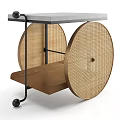 Stylish Wheeled Side Table With Woven Rattan Wheels Marble Top And Wooden Shelf