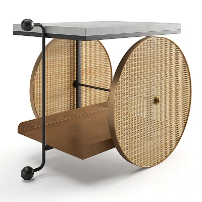 Stylish Wheeled Side Table With Woven Rattan Wheels Marble Top And Wooden Shelf 3d model
