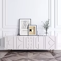 Light Pink Modern TV Stand With Geometric Patterned Panels And Gold Metal Legs