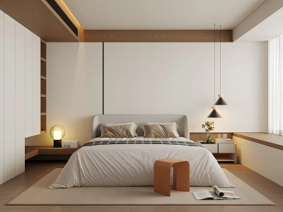 Modern Bedroom Interior Design With Grey Headboard Beige Pillows Wooden Elements And Pendant Lights 3d model
