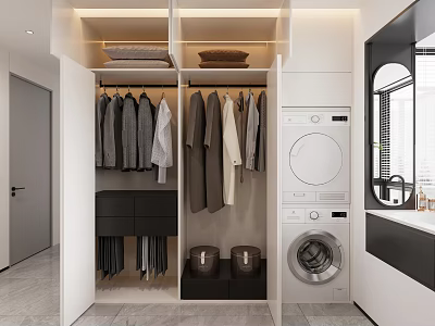 Modern Open Wardrobe Design With Hanging Clothes Drawers Storage Baskets And Washing Machine 3d model