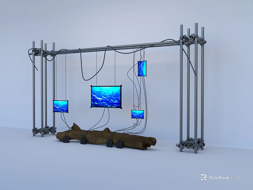 Sculpture Art Installation With Metal Frame Hanging Blue Screens Wooden Base And Water Ripple Patterns 3d model 
