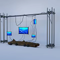 Sculpture Art Installation With Metal Frame Hanging Blue Screens Wooden Base And Water Ripple Patterns