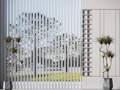 White Vertical Blinds in Modern Interior with Trees Outside and Indoor Plants 3d model