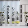 White Vertical Blinds in Modern Interior with Trees Outside and Indoor Plants