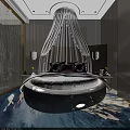 Modern Hotel Guest Room With Round Bed White Canopy Yellow Chair And White Horse Painting