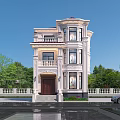 European Style Detached Villa With White Exterior Red Roof And Front Steps Surrounding Green Trees
