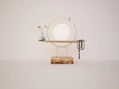 Table Lamp With Golden Circular Frame Wooden Base Shelf Small Plant Vase And Beaded Tassel 3d model