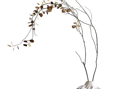 Minimalist White Vase With Curved Branches And Brown Beige Leaves For Home Decor 3d model