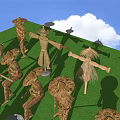 Agricultural Equipment with Scarecrows on Green Grassland under Blue Sky and White Clouds