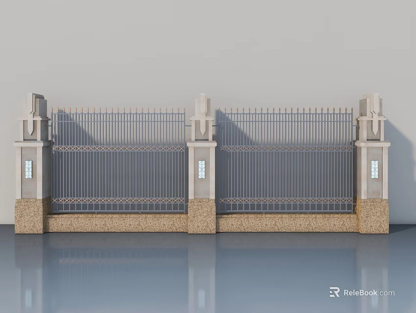 Wrought Iron Swing Gate With Stone Pillars And Decorative Railings 3d model