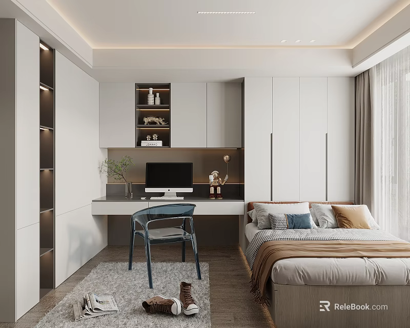 Modern Tatami Bedroom Interior Featuring Tatami Bed Desk Chair Storage Cabinets And Potted Plant 3d model 