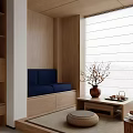 Traditional Tea Room Interior With Bamboo Plant Calligraphy Scroll Wooden Chair And Natural Light
