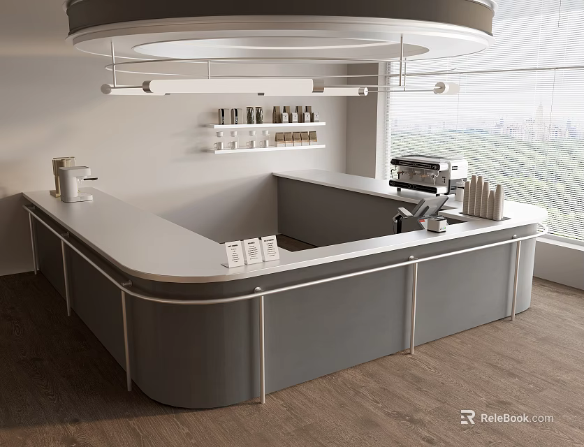 Modern Bar Counter With Gray Cabinet Coffee Machine And City View By Window 3d model 