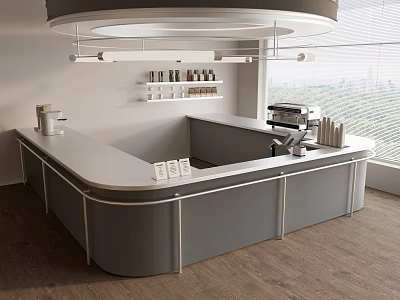 Modern Bar Counter With Gray Cabinet Coffee Machine And City View By Window 3d model