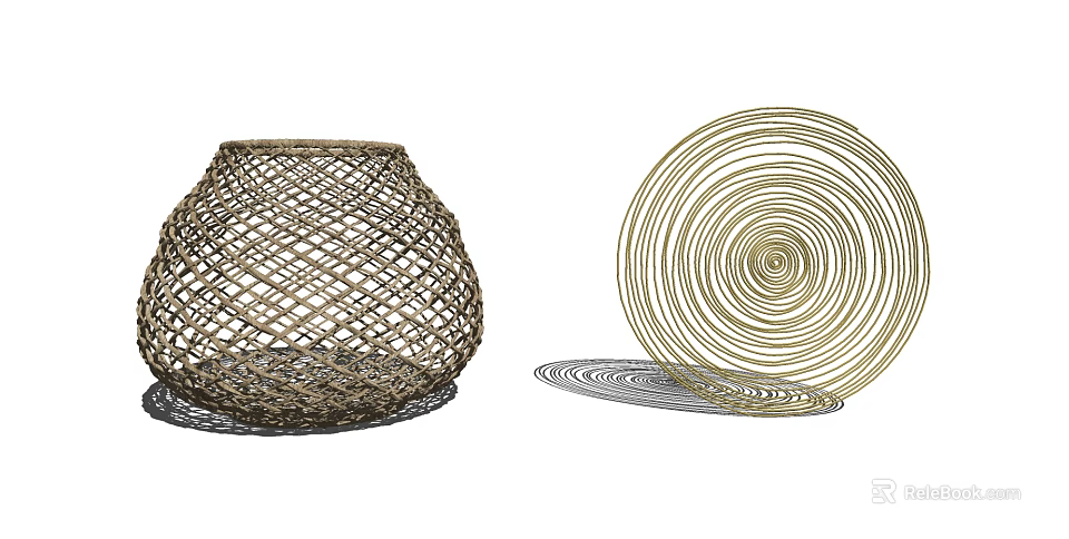 Elegant Decorative Ornament Set With Woven Vase And Spiral Circular Golden Plate 3d model 