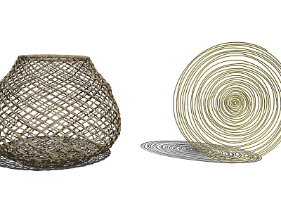 Elegant Decorative Ornament Set With Woven Vase And Spiral Circular Golden Plate 3d model
