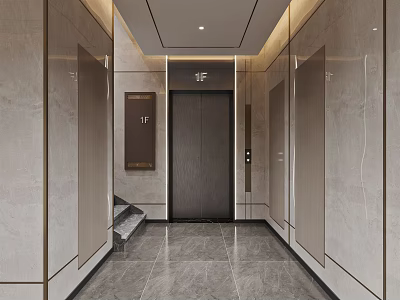 Modern Elevator Lobby Design With Marble Walls Tile Floor And Recessed Lighting 3d model