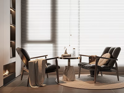 Casual Sofa Set With Black Leather Armchairs Round Coffee Table Blanket And Fireplace Background 3d model