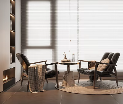 Casual Sofa Set With Black Leather Armchairs Round Coffee Table Blanket And Fireplace Background 3d model