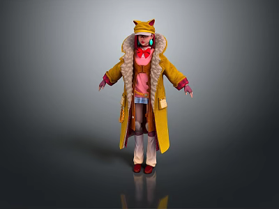 Game Movie Character In Yellow Coat With Cat Ear Hat Pink Top And Red Shoes 3d model