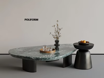 Oval Marble Coffee Table with Black Base Wooden Tray Glasses and Dried Flower Vase 3d model