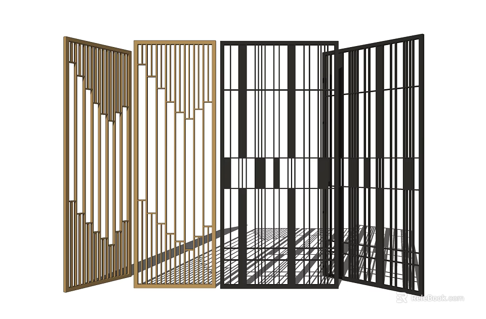 Stylish Modern Room Divider Screens With Geometric Lines And Gold Black Frames 3d model