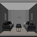 Modern Lounge Area With Grey Sofas Black Coffee Table Wall Paintings And Vertical Striped Backdrop 3d model