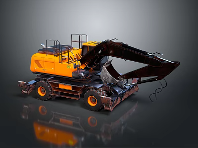 Orange Heavy Duty Wheel Mounted Utility Vehicle With Excavator Arm Bucket And Cab 3d model