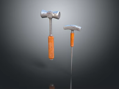 Two Weapon Hammers of Different Sizes with Silver Hammerheads and Wooden Handles 3d model