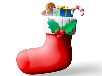 Christmas Stocking With Gingerbread Man Gift Box Candy Cane And Holly Leaves 3d model