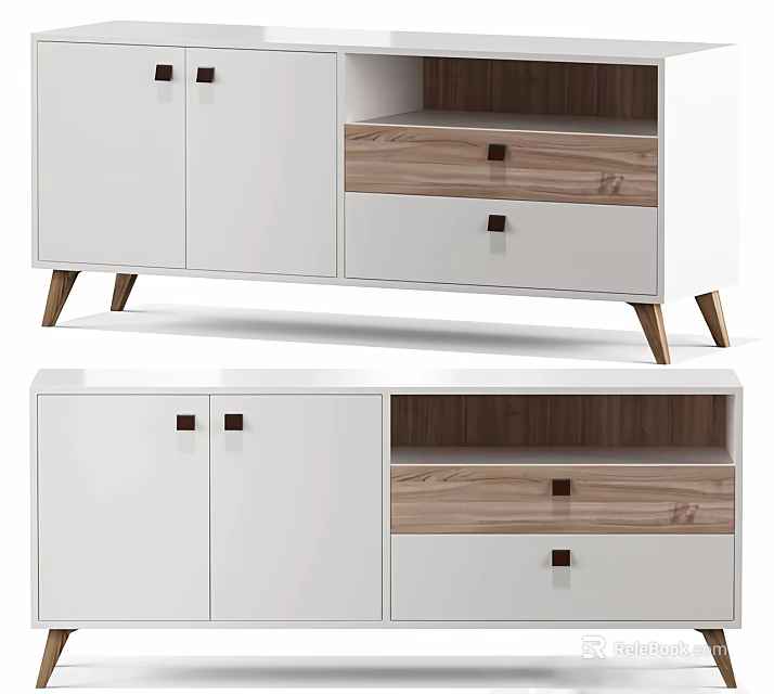 Modern Console Side Cabinet With White And Wooden Design Drawers Doors And Tapered Legs 3d model 