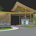 Modern Entrance Gate With Curved Golden Metal Roof Stone Walls And Green Plants