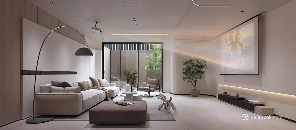 Elegant Modern Living Room Featuring Beige Sofa Coffee Table Potted Plant Large Window Natural Light 3d model 