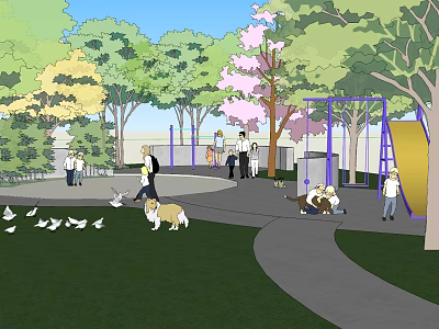 Scenic Park Landscape with Trees Pink Blossoms Grass Path and Children Playing with Dog Pigeons 3d model