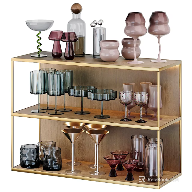 Elegant Wine Bottles And Various Style Glasses On Golden Tiered Shelf 3d model 