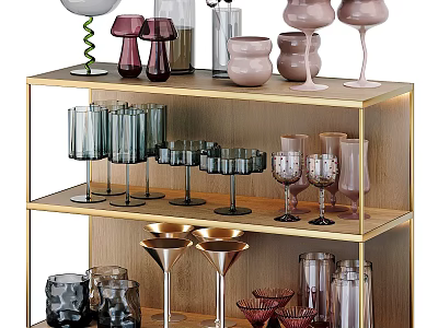 Elegant Wine Bottles And Various Style Glasses On Golden Tiered Shelf 3d model