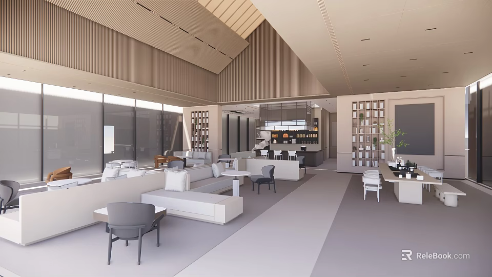 Modern Hotel Lobby Interior With Comfortable Sofas Large Windows And Wooden Panels 3d model 