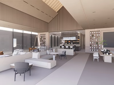 Modern Hotel Lobby Interior With Comfortable Sofas Large Windows And Wooden Panels 3d model