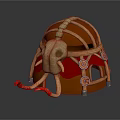 Cartoon Style Warrior Helmet With Braided Structure Animal Skull Decoration Red Fabric And White Tusks