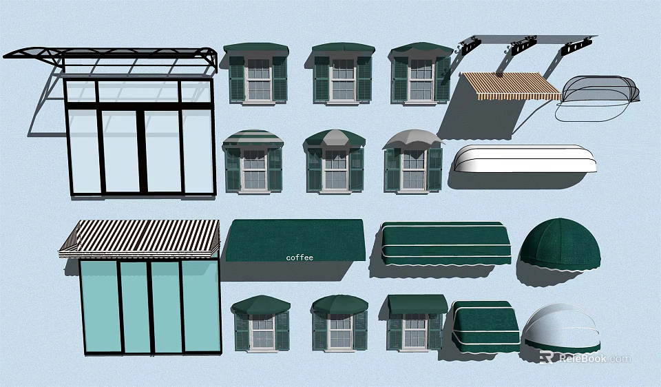 Various Outdoor Awnings Including Window And Canopy Structures For Commercial Use 3d model