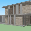 Modern Single Family House With Wavy Exterior Large Glass Windows Open Porch And Green Lawn